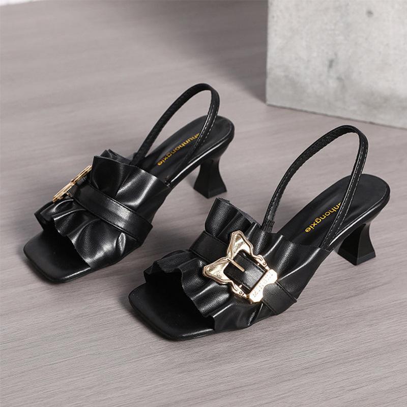 French square head pleated lace high-heeled sandals women's 2025 summer new European and American fashion metal buckle fashion sandals
