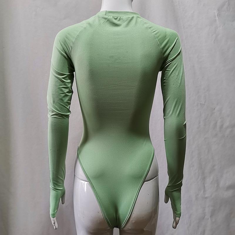 Europeisk och amerikansk Y2K vår och höst rund hals långärmad botten Tight Enfärgad sexig jumpsuit