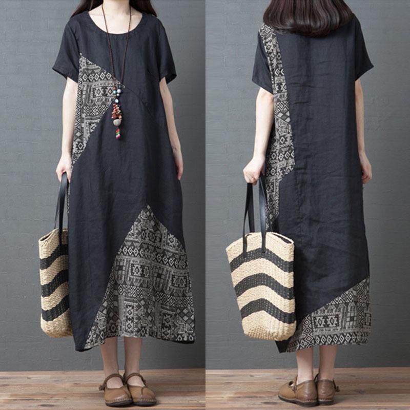 Vară Nou Literar Larg Îmbinare Imprimeu Bumbac și In Gât Rotund Mânecă Scurtă Rochie Femei Medie și Lungă