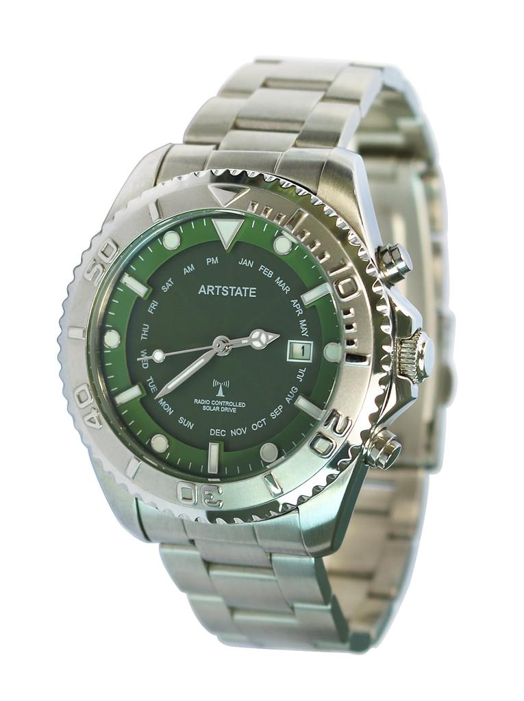 ARTSTATE AS0259A Men's Solar Radio Watch, Date Display, Stainless Steel, Long Life, 100M Waterproof (GREEN)