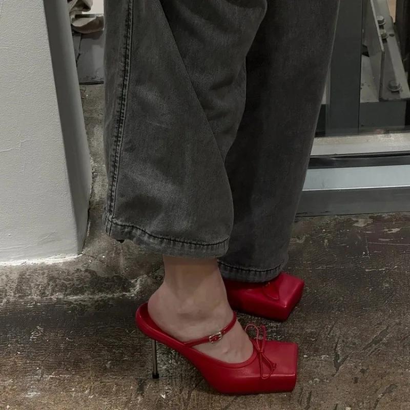 Fashion Square Toe Bow Ballet High Heels Female 2024 Spring and Summer New Shallow Mouth Slipper Sandals Zapatos Mujer Female Zapatos