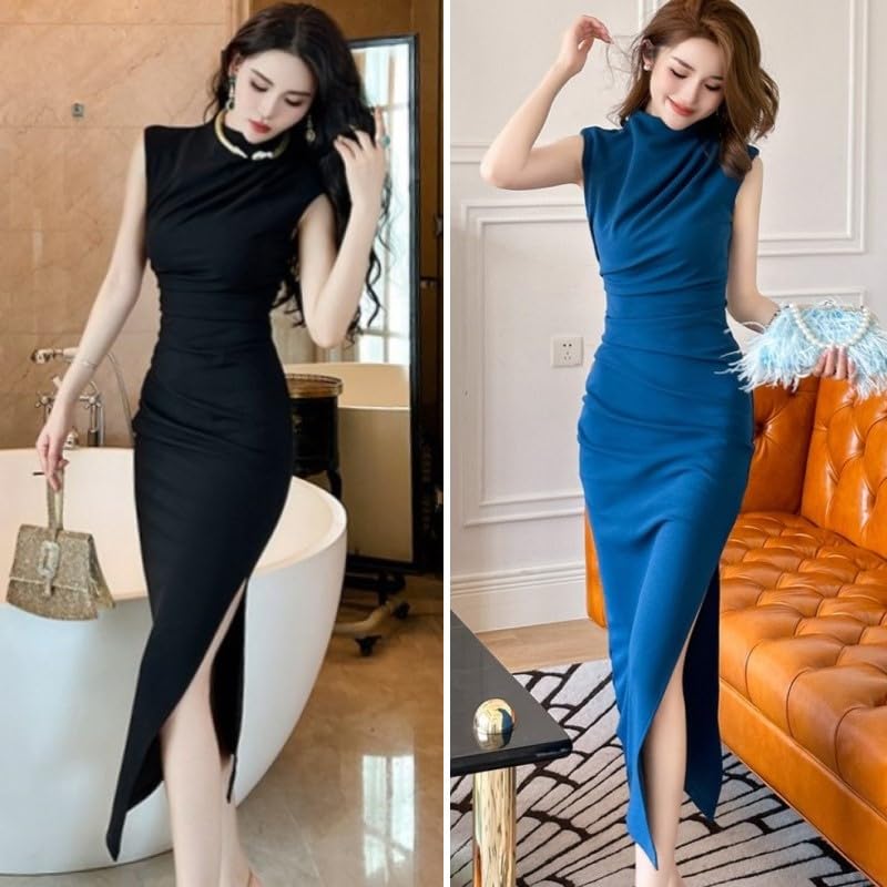 ISLAYCAOLILA E90 Jenif Cabaret Mini Club Party Tight Long Dress with Gathered Maxi Crew and Waistline Women's Dress, Dress, Dress, Dress, Slit, Dress,
