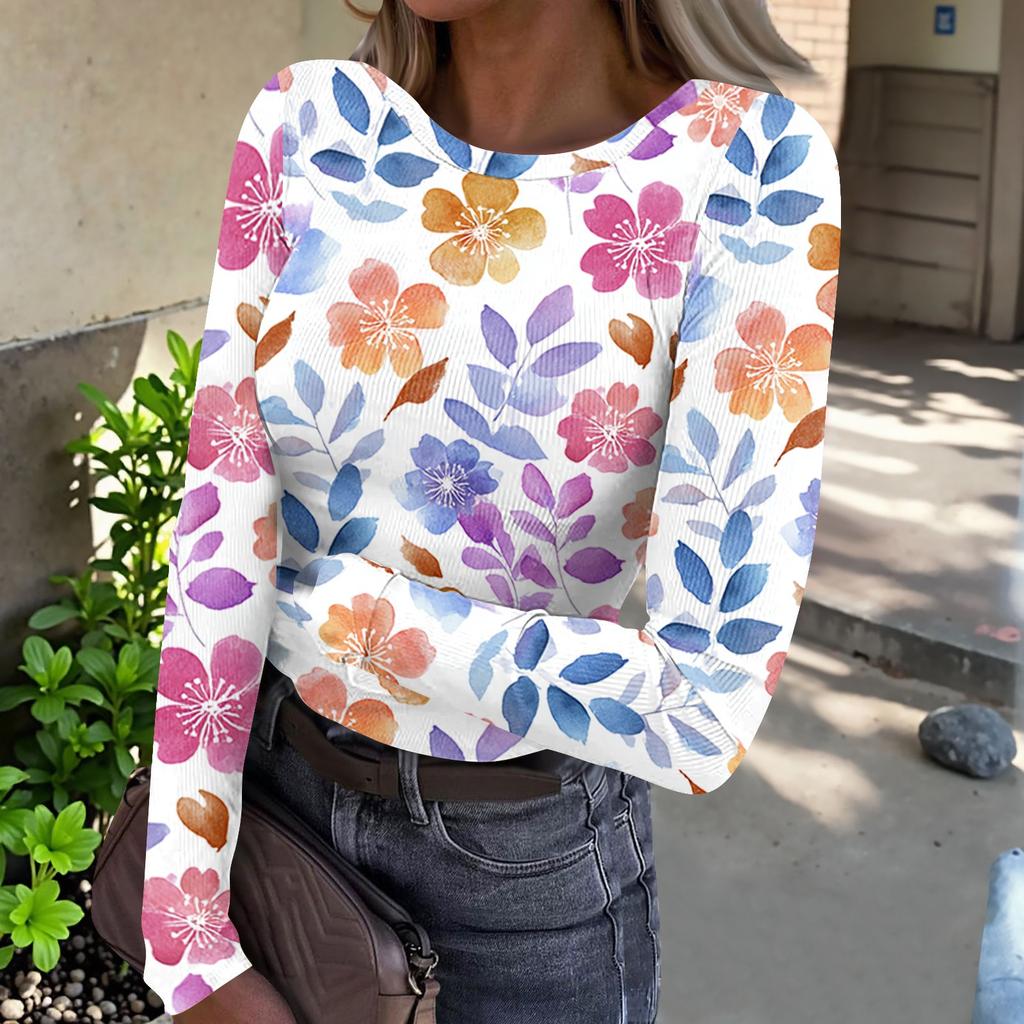Women's Casual Ribbed Long Sleeve Top Floral Print Crew Neck Stretchy Slim Fit Lightweight Shirt for Everyday Wear