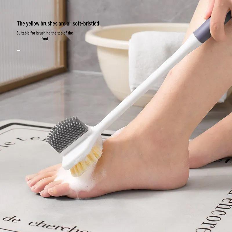 Long-Handled Double-Sided Soft Bristle Foot and Back Scrubber with Exfoliating Grinder for Bathroom.