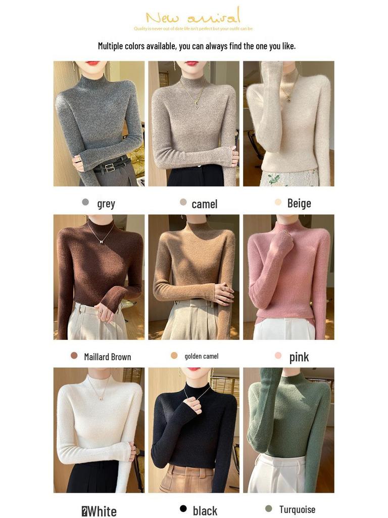 Women's Seamless Slimming Knit Top - Half-High Neck, Long Sleeve, Elegant Autumn/Winter Wool Innerwear