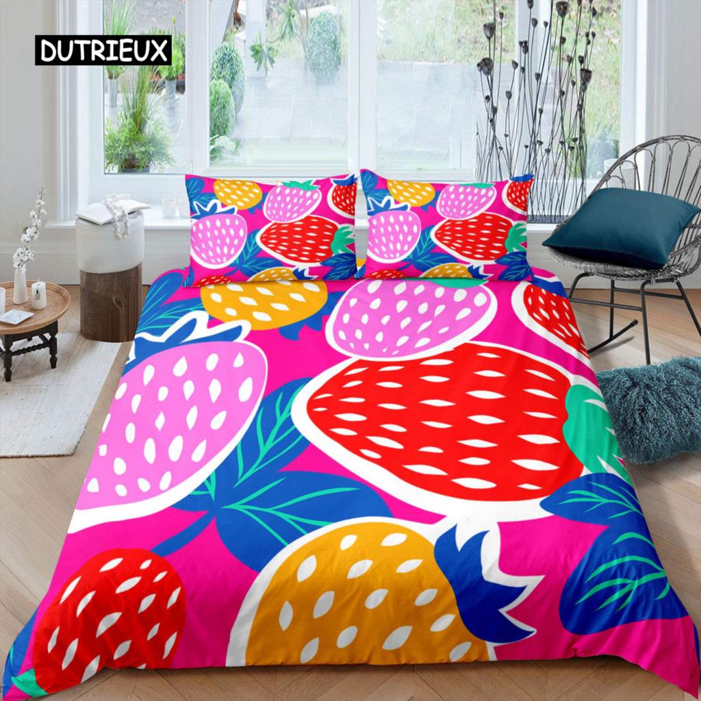 Erdbeer-Bettbezug-Set für Mädchen, King-Size-Bettbezug-Set, rote Erdbeer-Bettwäsche, Essen, Obst, Bettbezug für Kinder, Geschenk