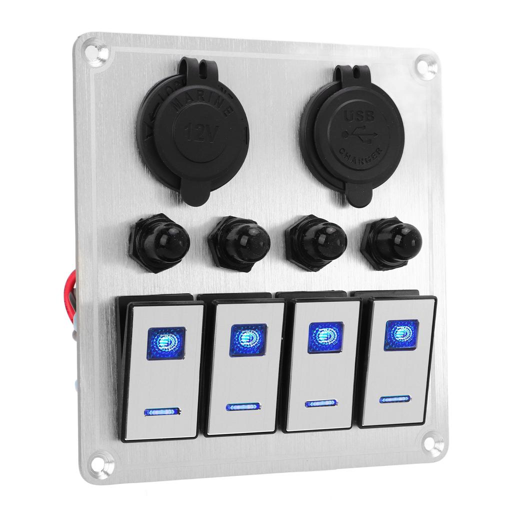 4 Gang Rocker Switch Panel Waterproof Marine Boat Toggle Switch Panel Silver Oxide On Off with Double Blue Light