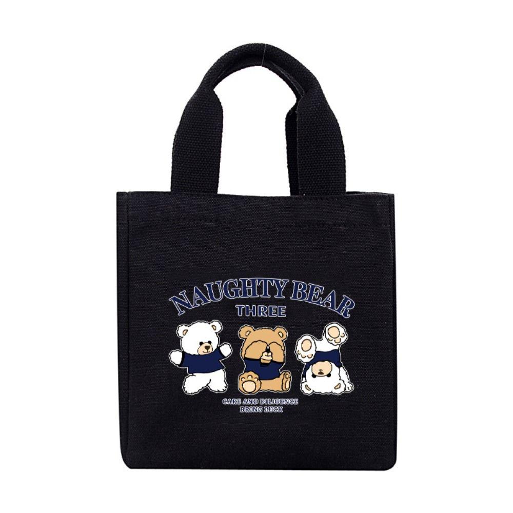 New Cartoon Embroidery Lunch Bag Casual Fashion Canvas Handbag Cute Bear Tote Bag Outdoor Food Storage Picnic Pouch