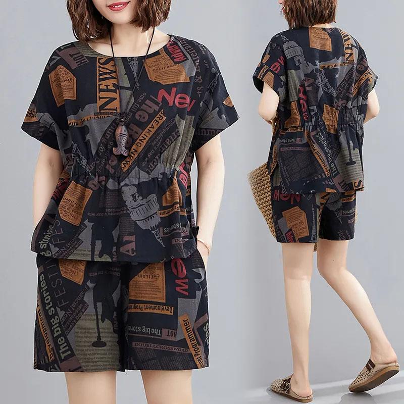 

Летний костюм из 2 предметов, женская футболка большого размера, брюки, удобный топ из двух предметов с короткими рукавами и длинные брюки, свободный повседневный костюм M чёрный