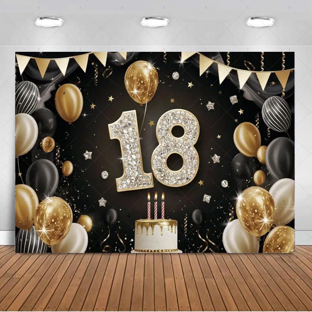 18th  Birthday Partys Decoration Backgound Black Gold Glitter Balloon Banner Women Men Boys Girls Bar Mitzvah Photography Props