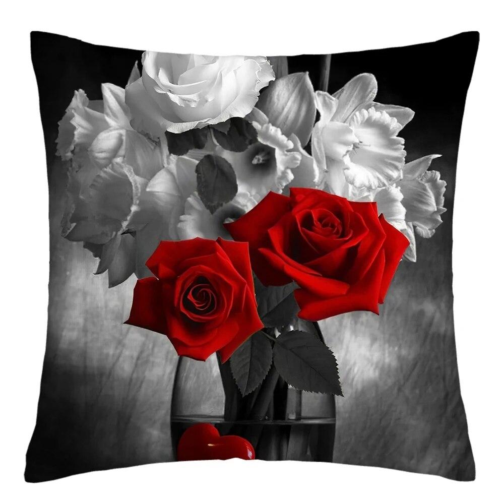 Red Rose Flower Print Pillowcase Sofa Cushion Cover Home Improvement