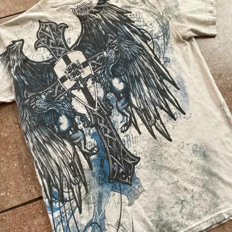Y2K Style Gothic Affliction Distressed Cotton Shirt Oversized Punk Graphic Print Washed Soft Round Neck Tee Retro Short sleeve