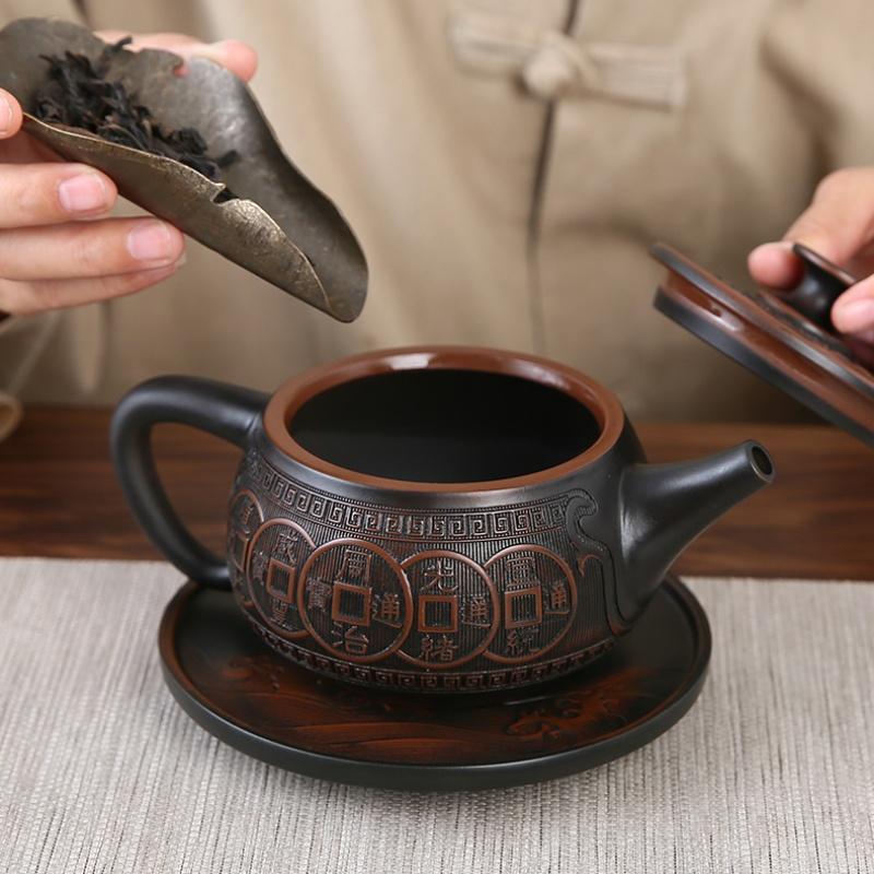 Jianshui Lila Keramik Schnitzteekanne Handbemalt Antike Reliefteekanne Haushaltsteekanne Kungfu Tee-Set Kessel