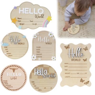Cedule s oznámením miminka Hello World Cedule pro novorozence Dřevěná cedule s oznámením o narození Suvenýr Dárek na baby shower pro dekoraci dětského pokoje Foto rekvizita