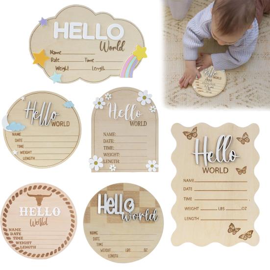Baby Announcement Sign Hello World Newborn Sign Wooden Birth Announcement Sign Keepsake Baby Shower Gift for Nursery Decor Photo Prop