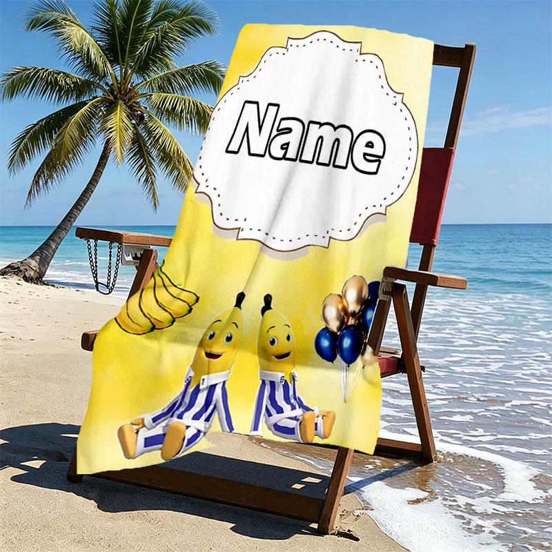 Custom Name Personalized Bananas in Pyjamas Print Beach Towel, for Trip Camping Beach Party Home Decor, Birthday Gift for Family & Friends