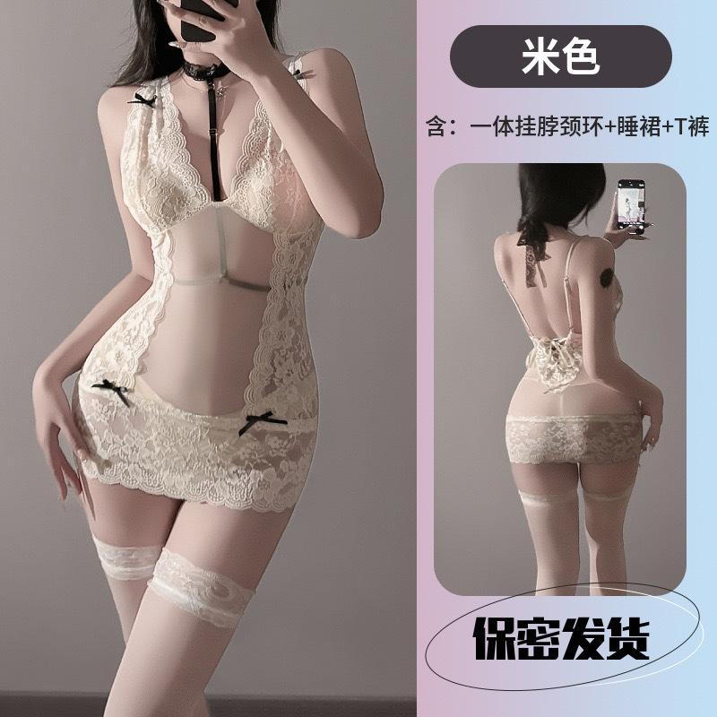 Large size erotic underwear high-end stunner lace perspective temptation suspender hip nightdress sexy pure desire mesh uniform
