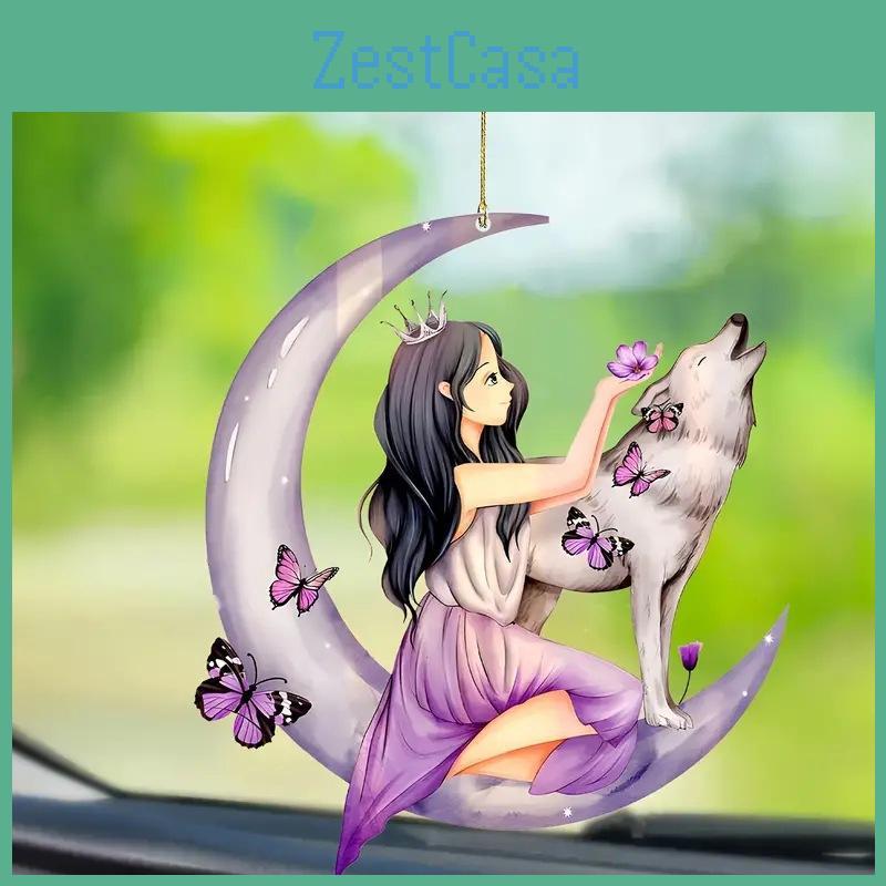 Colorful Acrylic Cartoon Floral Moon Girl Wolf Butterfly Car Pendant For Unique Auto Style