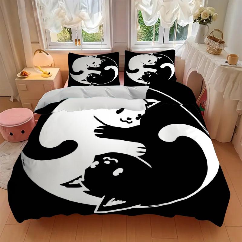 3-teiliges Yin und Yang Weißkatze und Schwarze Katze Bettbezug-Set - Weiche und Gemütliche Schlafzimmer-, Gästezimmer- und Wohnheim-Dekorative Bettwäsche 3-teiliges Set 1 Bettbezug