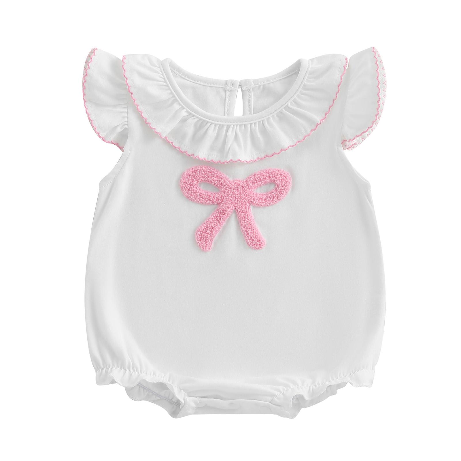 

Baby Girls Rompers Bow Embroidery Ruffles Round Neck Fly Sleeve Infant Bodysuits Jumpsuits 12-18 Months рожевий