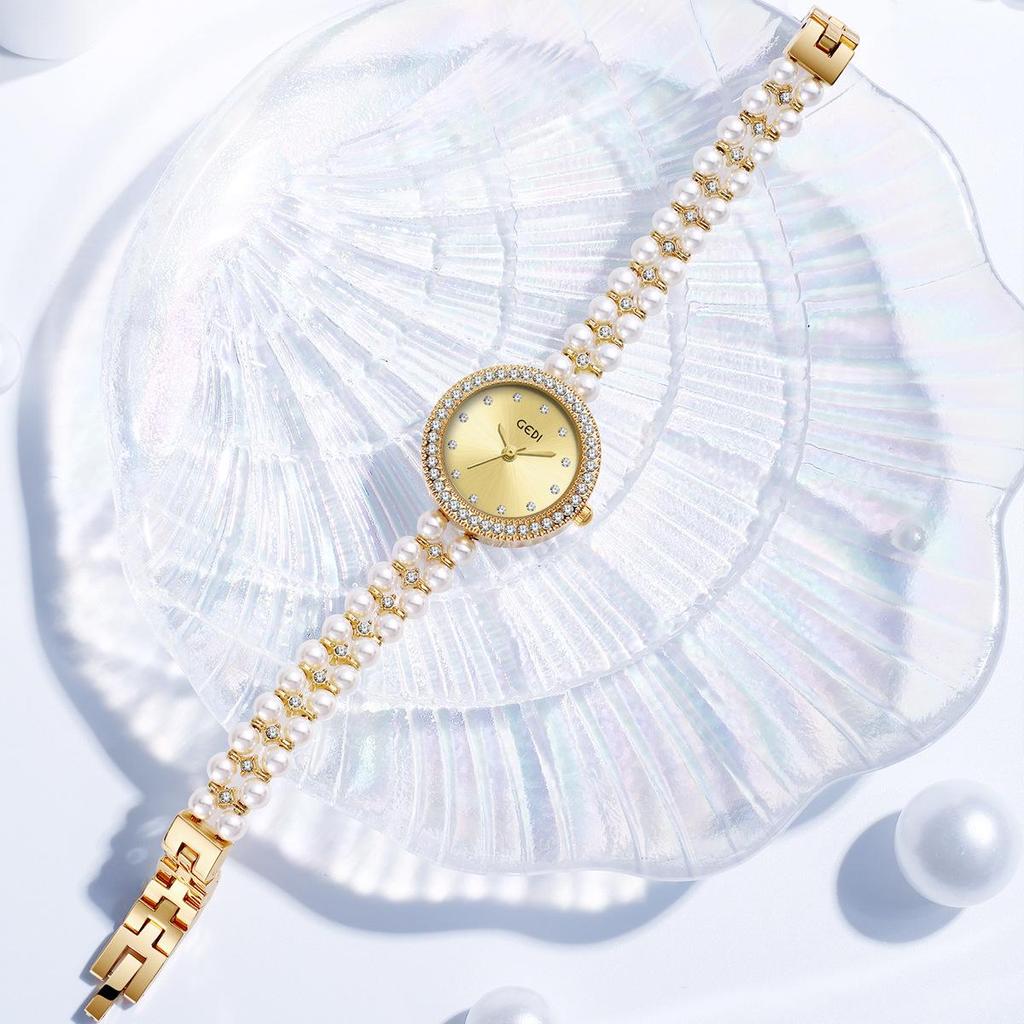 Gedi Women's Diamond-Set Mother-of-Pearl Luxury Watch with Pearl Band and Quartz Movement