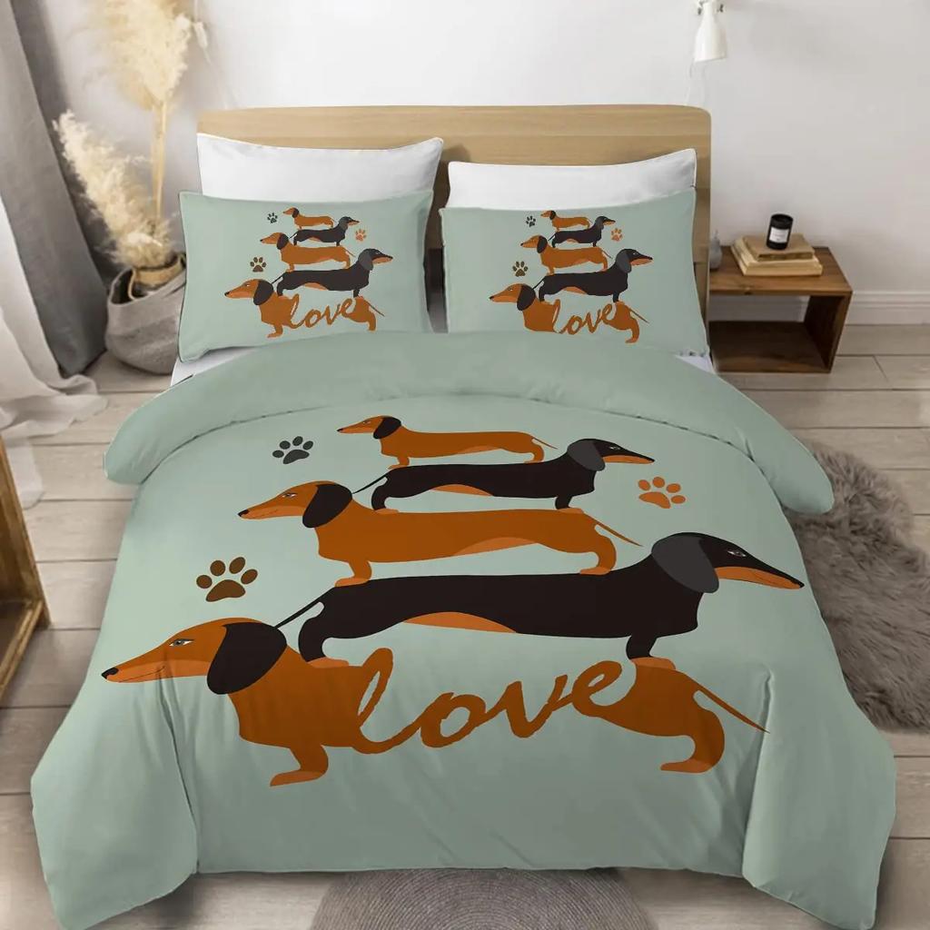 Dachshund Theme Duvet Cover Set Cartoon Puppy Bedroom Quilt Cover Three-Piece Bedspread