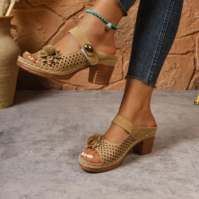 Fashion Ladies Shoes 2025 Brand Plus Size Women's Slippers Fashion Outdoor Dress Summer New Metal Decoration Light Floral High Heels