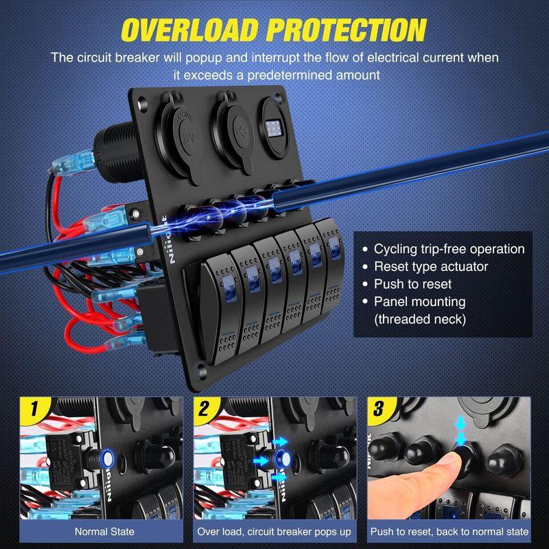 6 Gang ON Off Rocker Switch Panel 12V Voltmeter Dual USB Charger 3.0 Cigar Lighter For RV Truck Boat