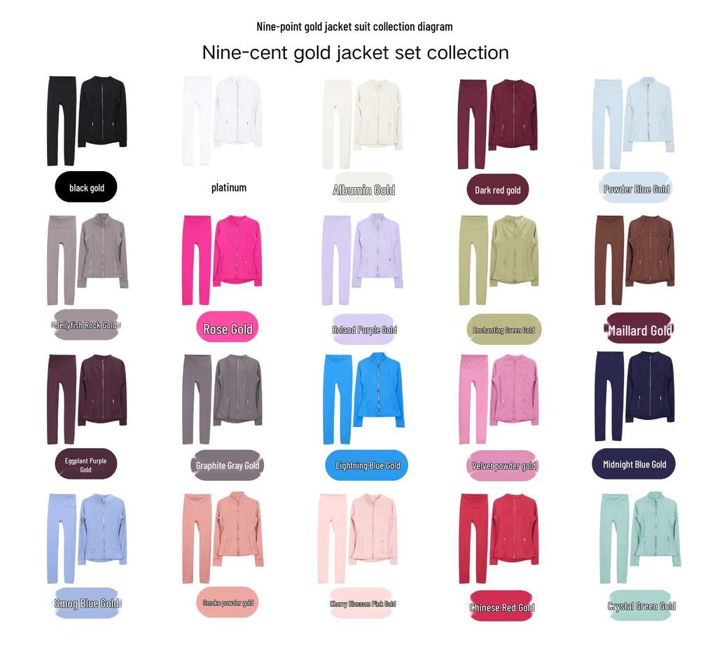 Lulu Original Gold Zipper Stand Collar Jacket & Cropped Yoga Pants Set - Women's Long Sleeve Tight Sports Suit