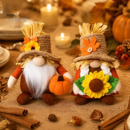 Rustic Sunflower Party Supplies Thanksgiving Plush Gnome Decoration, Fall Scandinavian Tomte Dwarf Figurine, Stuffed Pumpkin Seasonal Tiered