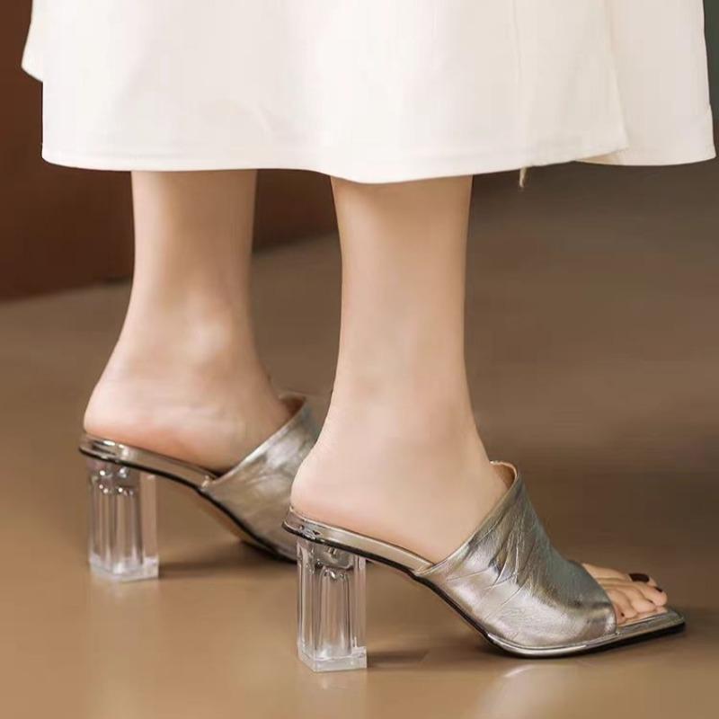 Fashion Square-toed Leather Block Heel Open-toe One-toe Slippers for Women's Outward Wear Summer Fashion New High-heeled Cool Mopping