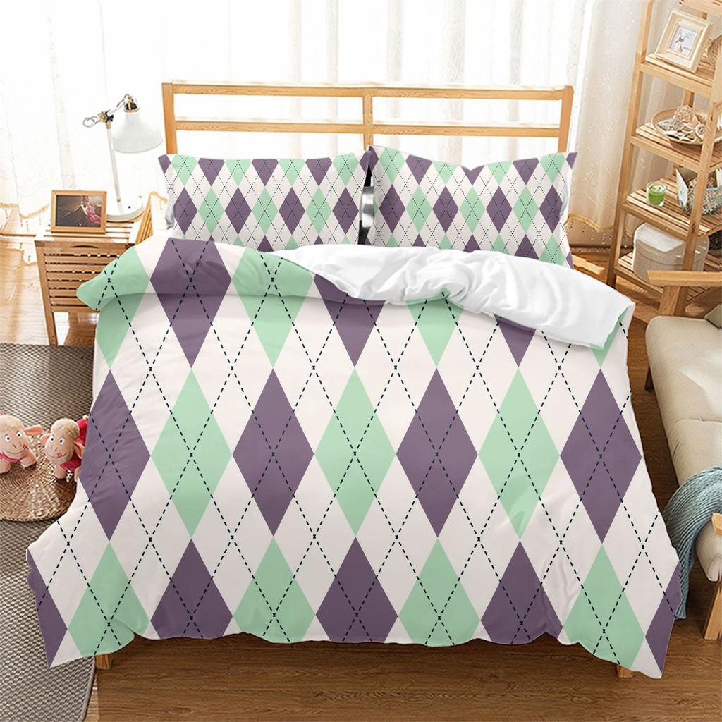 Vintage Plaid Geometric Pattern Bed Three-Piece Set 3D Digital Printing
