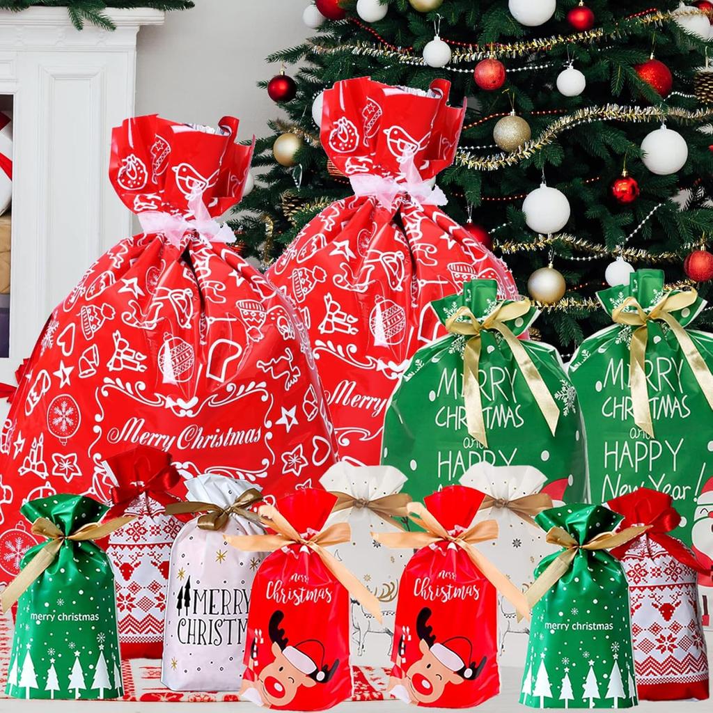 Funnlot Christmas Drawstring Gift Bags 32PCS in 7 Styles Christmas Wrapping Bags Xmas Treats Bags Christmas Party Favor Pouch Goody Sweet Treat Candy