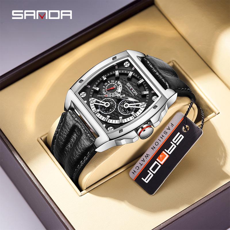 SANDA Quartz Square Wristwatch with Luminous Dial and Three-Eye Six-Hand Design, Simple Bar Numerals, Fashionable Student Style