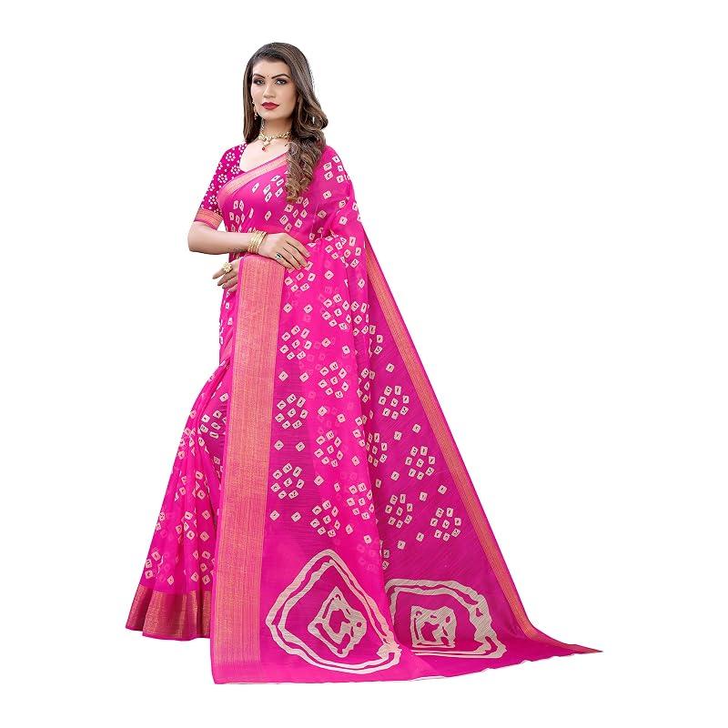 Yashika Women' Printed Linen Zari Saree With Blouse PieceRADHIKA PINK_Free