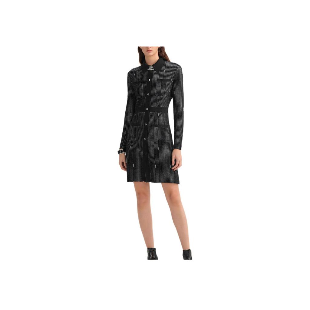 Karl Lagerfeld Elegant Striped Collar Long Sleeve Dress Women dresses Black White 236L1333