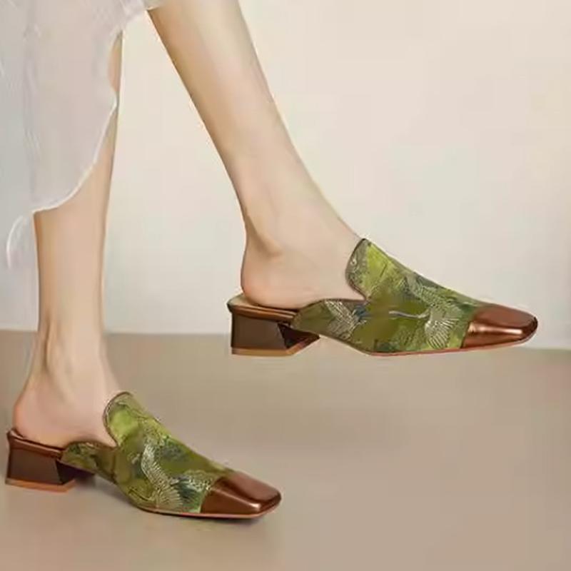 Square Toe Women Slippers Spring Mid Heels Slingback Shoes Retro Elegant Woman Pumps 2025 Trend Dress Cozy Ladies Shoes