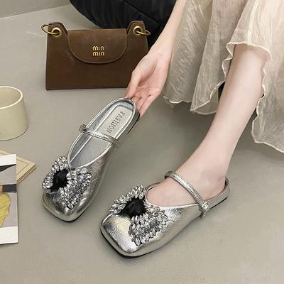 Rhinestone One-word Buckle with Bow Half-drag Single Shoes Women's Summer New Versatile Square Head Comfortable Soft Bottom Bag Head