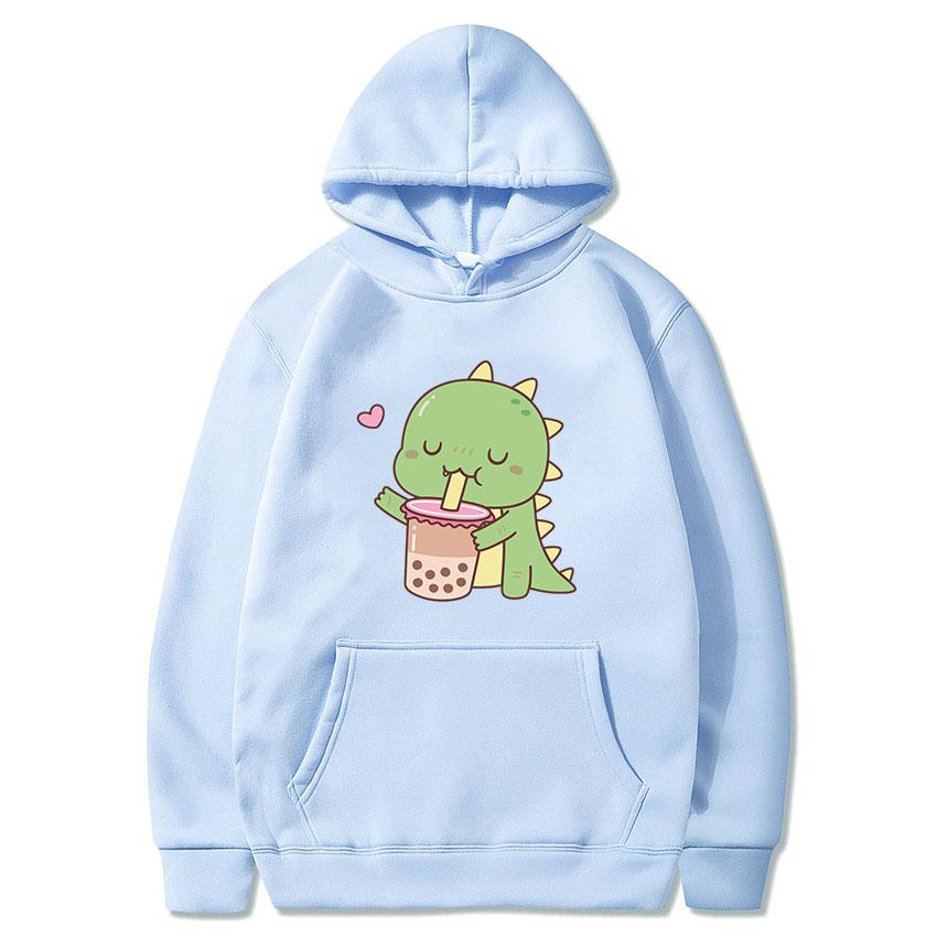 Bubble Tea Kawaii Dinosaur Print Hoodies 2021 Woman Man Autumn Hooded Clothes Milk Tea Pullover Female Hip Hop Casual Streetwear