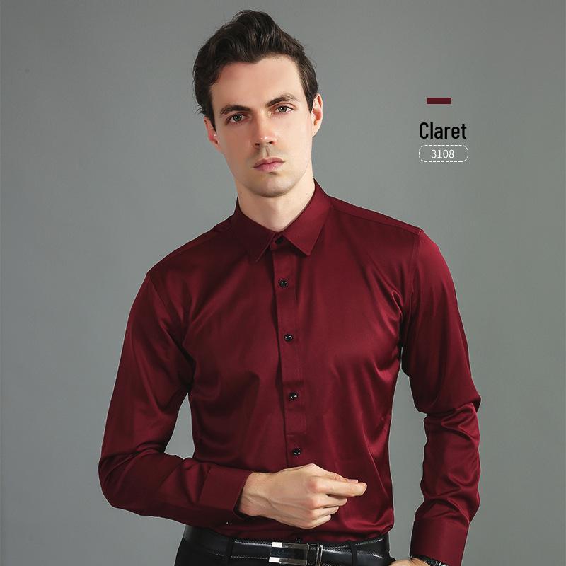 Men's Korean Style Slim Fit Solid Color Iron-Free Stretch Breathable Business Casual Long Sleeve White Shirt.