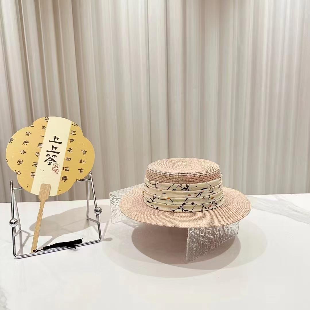 

Beach hat seaside vacation elegant flat top top hat wide brim sun protection hat women s summer straw hat British fashion cover M（56-58cm） рожевий