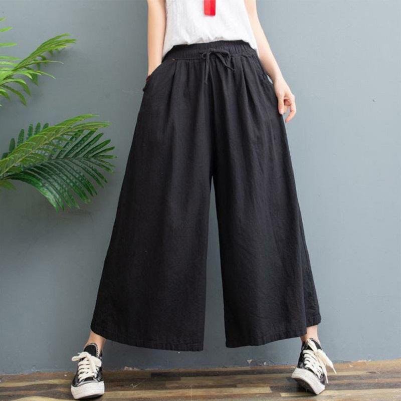 Women's Plus Size Cotton Linen Wide Leg Summer Pants Loose Casual Vintage Thin Nine Points Culottes Free Shipping