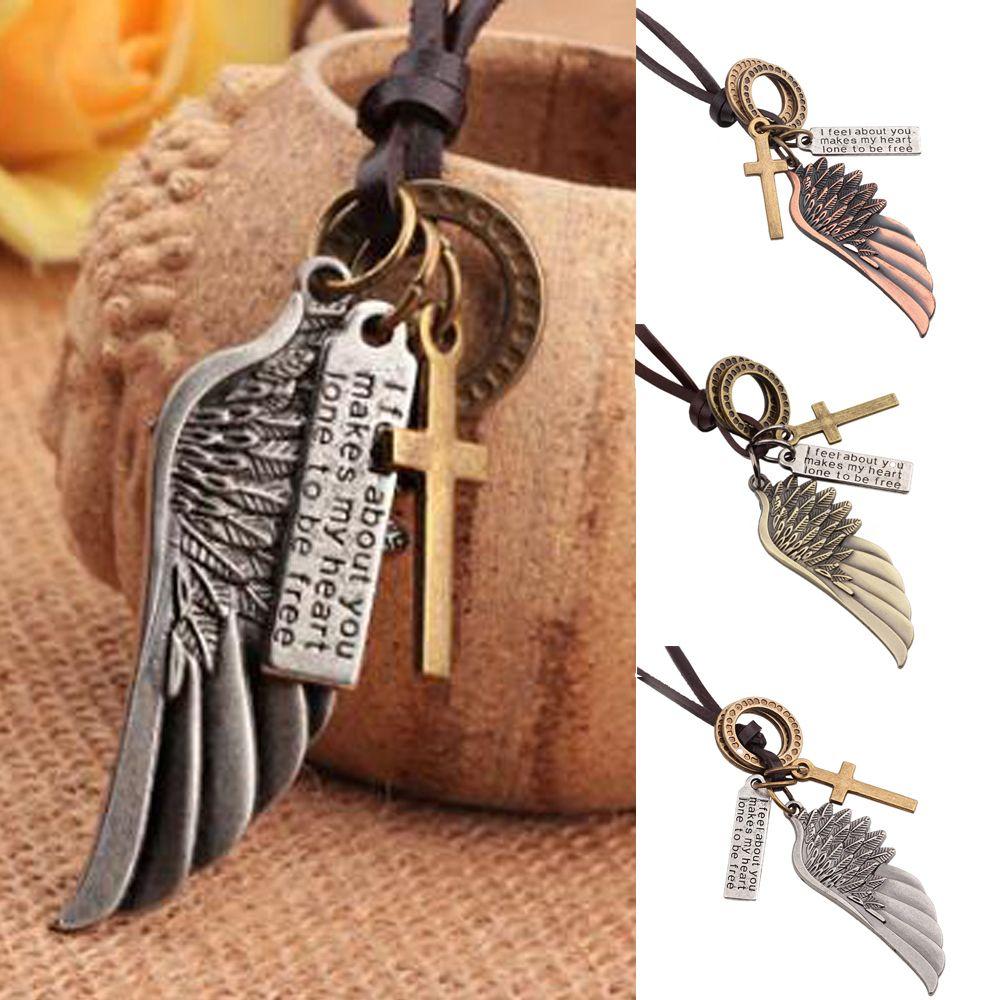 

Style PU Leather Copper Color Antique Faith Jewelry Leather Necklace Cross Angel Wings Pendant