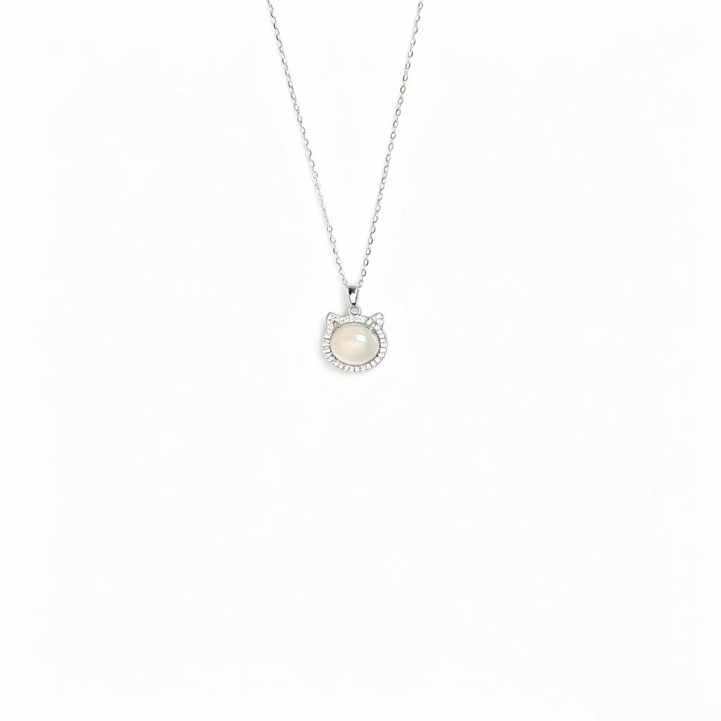 S925 Sterling Silver Chalcedony Cat Necklace with Zircon Pendant