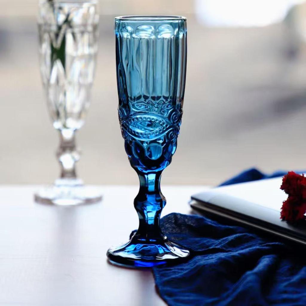 Vintage Tall-Stemmed Champagne and Wine Glasses, Embossed Thickened Juice Cups, Retro Cocktail Style