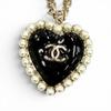 Excellent Necklace COCO Mark Pearl Heart Pendant Black Women B25 Used