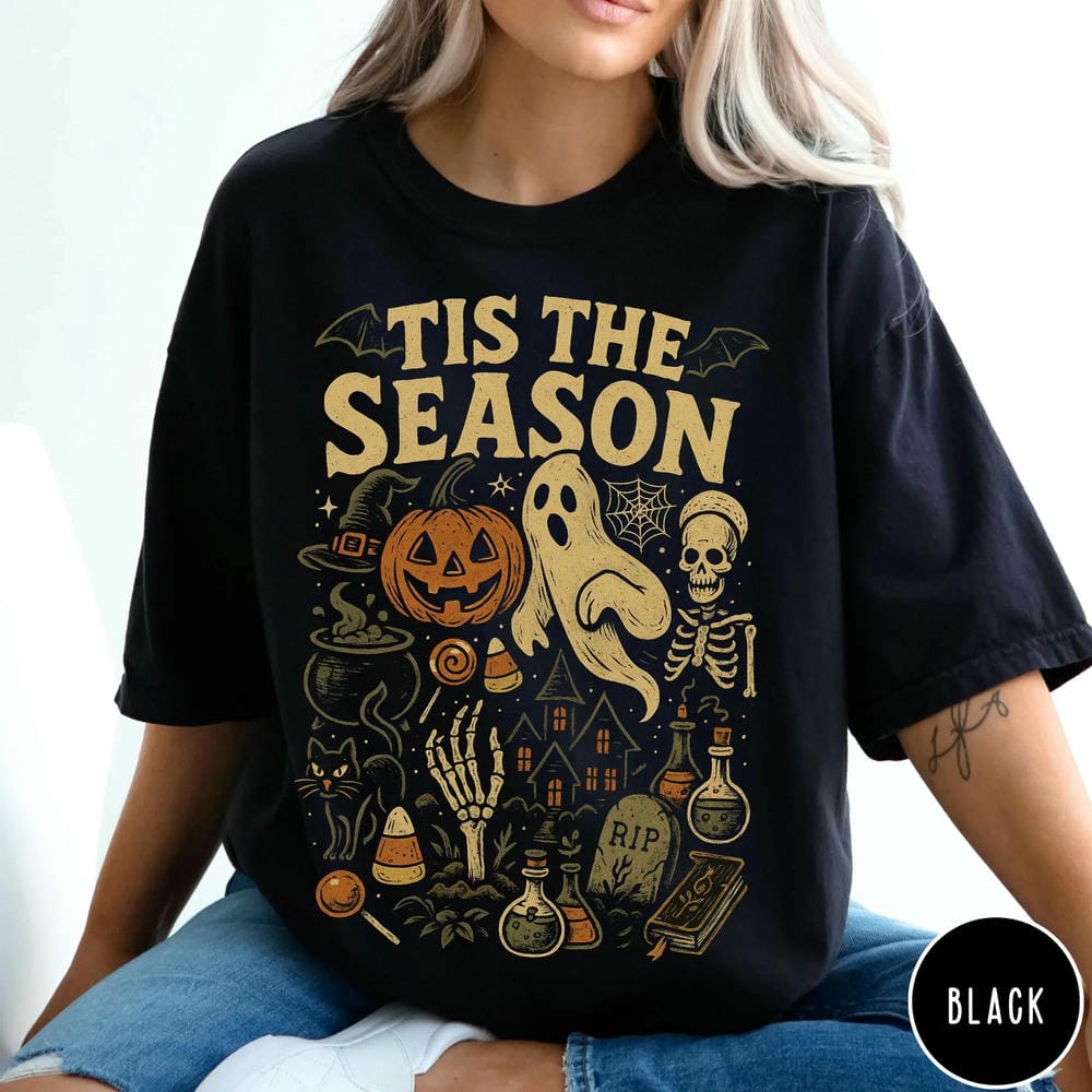 Women Retro Tis The Season Skeleton Pumpkin Ghost Halloween TShirt Vintage Halloween Comfort Y2K Top Daily Trendy Streetwear