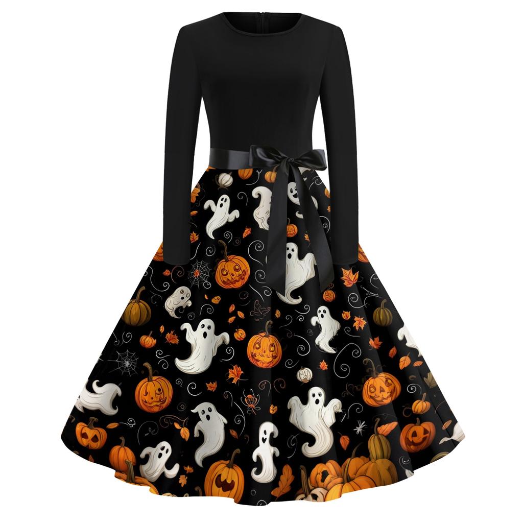Women's Casual Halloween Print Dress Long Sleeve Round Neck Retro Vintage Style Midi Dress with Waist Tie for Everyday Wear