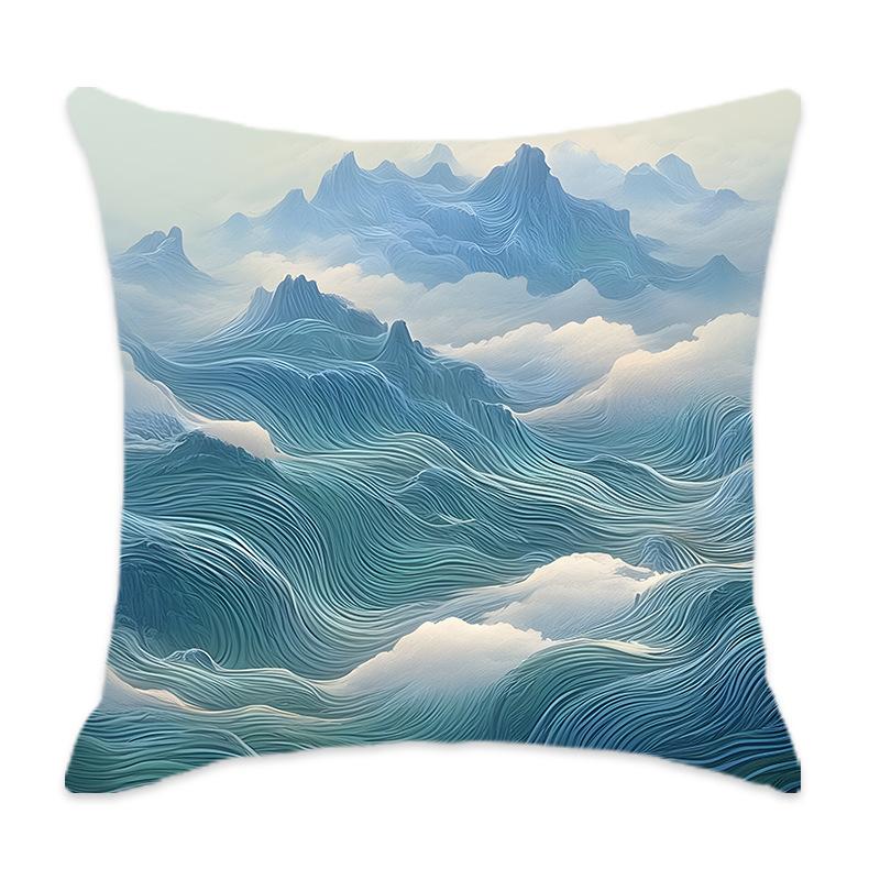 New Cyan Chinese Mountain Series Pillow, Comfortable and Soft Car Home Bedroom Bedside Pillow Cushion