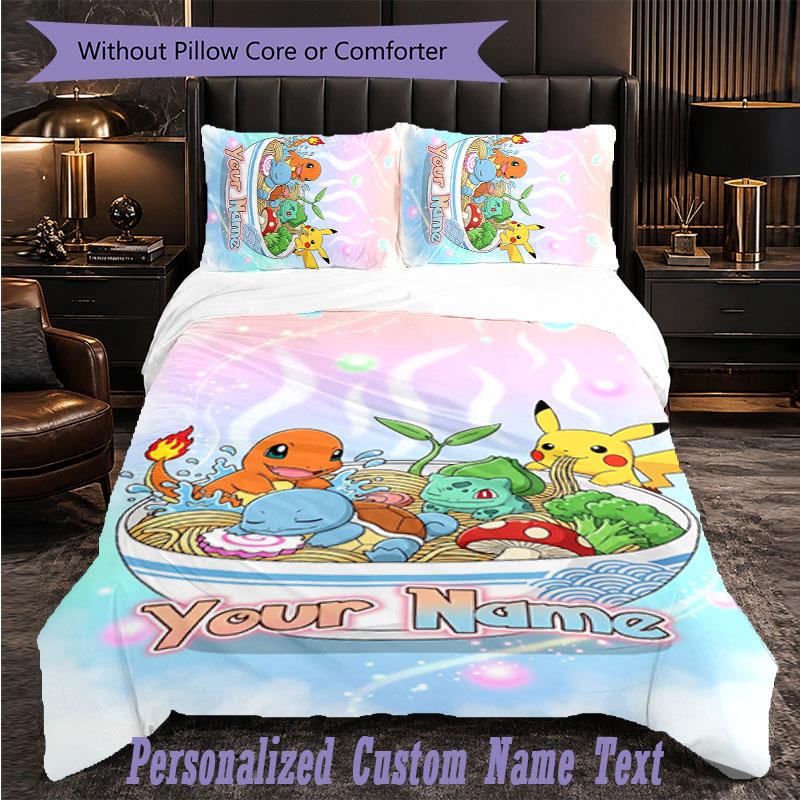 Personalized 3Pcs Bedding SetPokémon Custom Text Duvet Cover Pillowcase Set Bedroom Gift